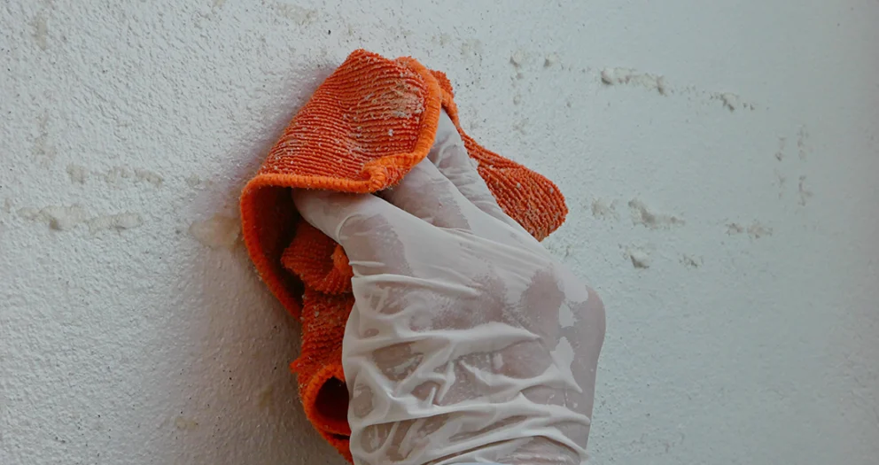 Een hand met een plastic handschoen gebruikt een oranje doek om lijmresten van een wit muuroppervlak te verwijderen.